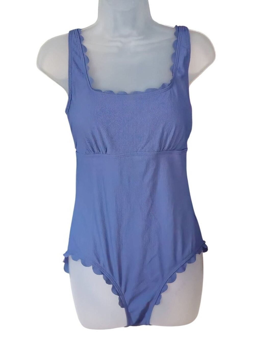 Charmo Blue Scalloped One-Piece Swimsuit M UPF 50+ Square Neck Ribbed Lined
